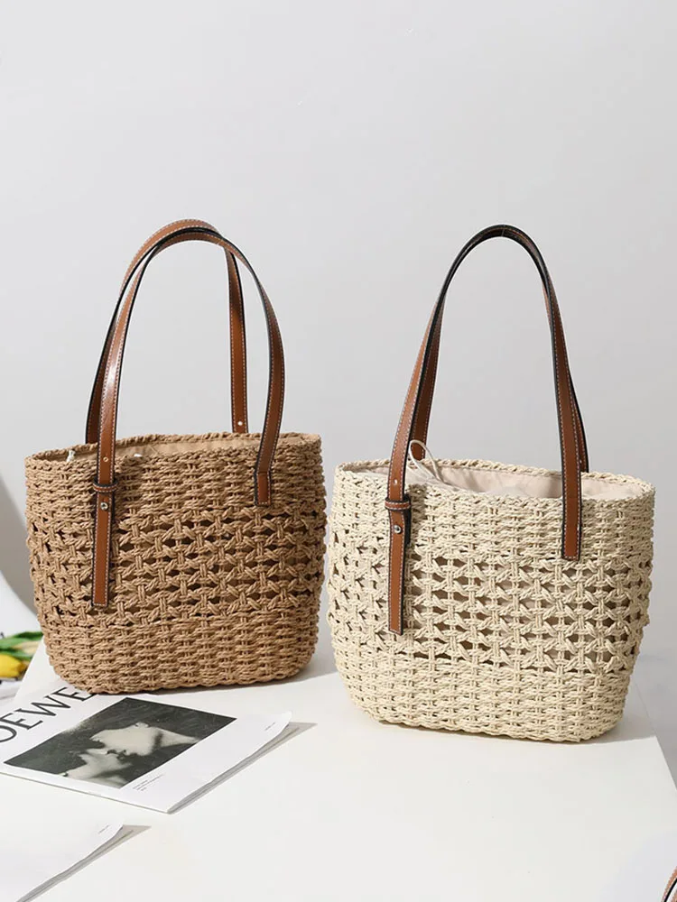 Summer Straw Bags For Women Straw Shoulder Bags Rattan Woven Top Handle Bag Hollow Crochet Beach Bag Casual Handbags 2023