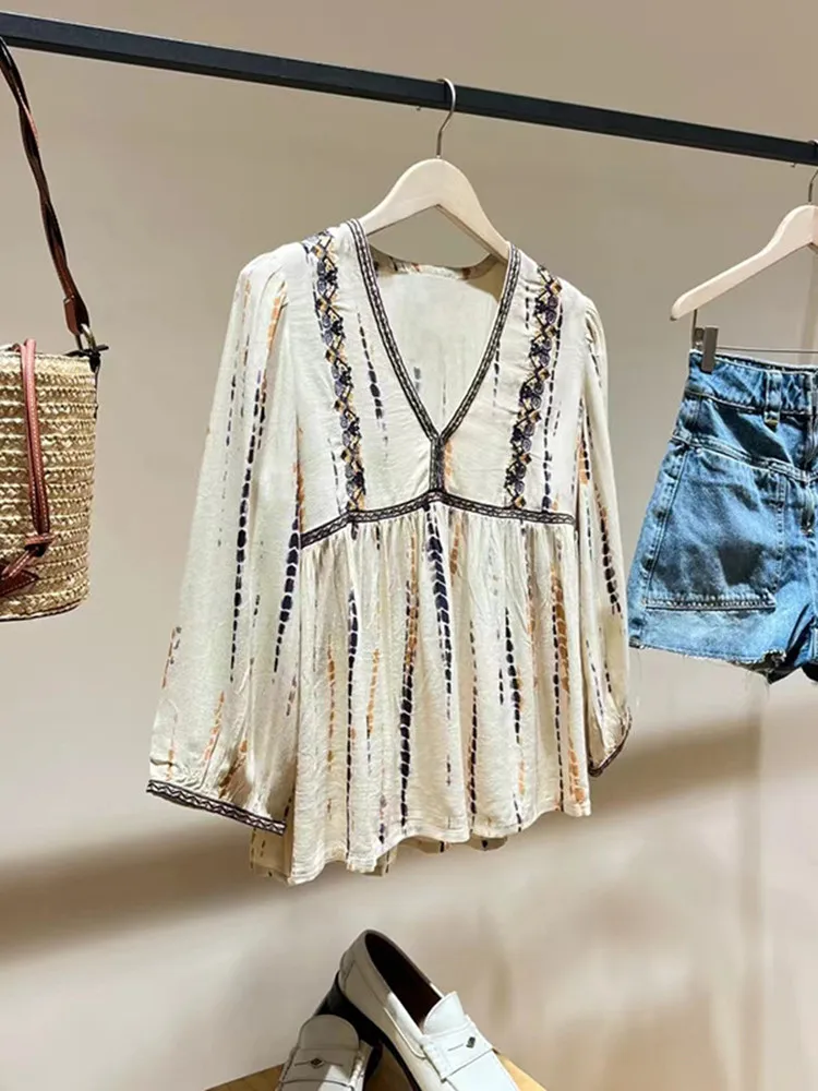 Винтажная женская блузка с v-образным вырезом и принтом повседневная свободная