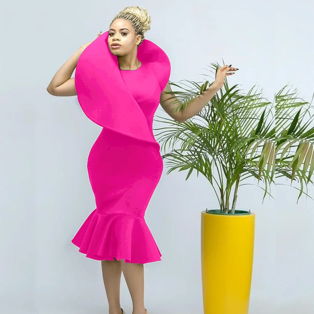 

Party Dresses Women Evening Elegang Sleevless Ruffles Mermaid Dress Office Ladies O Neck High Wasit Package Hip Pencil Dress