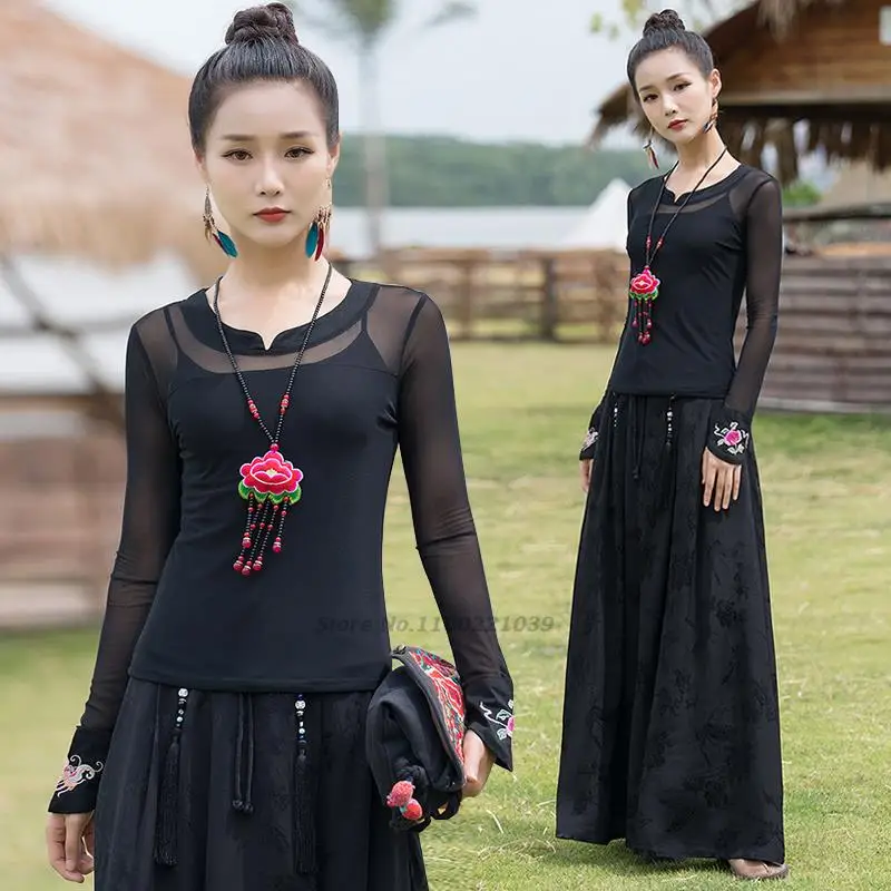 

2023 flower embroidery o-neck national style t-shirt women vintage harajuku elegant tops chinese long sleeve retro mesh shirt