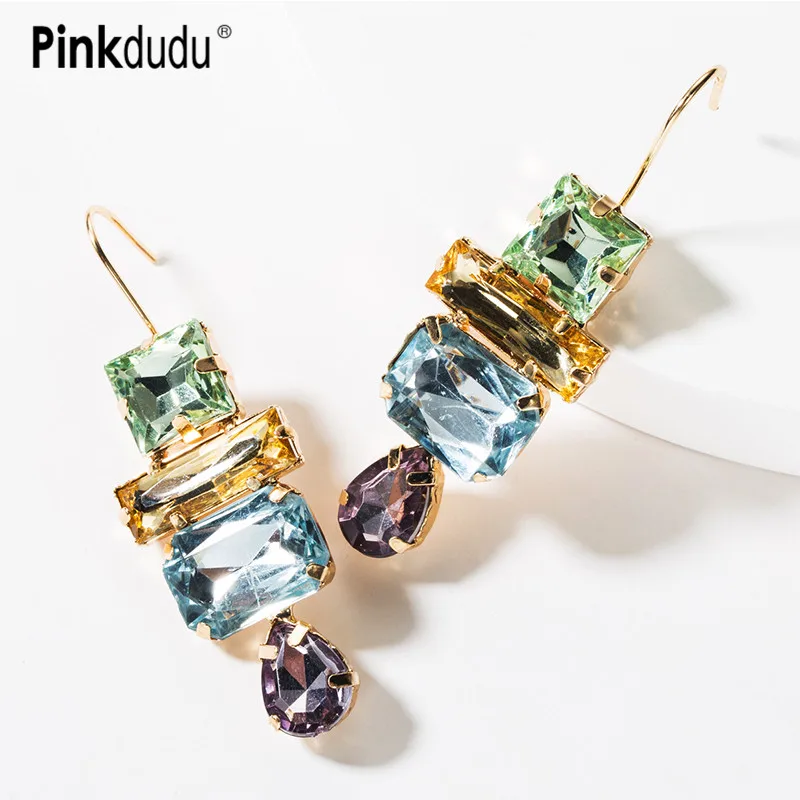 

Pinkdudu Fashion Multicolor Crystal Dangle Earrings ZA BOHO Statement transparent Glass Drop Earrings Jewelry for Women OG117