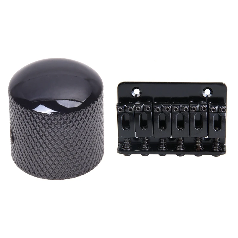 

2 Pcs Black Electric Guitar Parts: 1 Pcs Electric Guitar Volume Tone Control Knob & 1 Pcs 6 Saddle Hardtail Bridge Top Load 65Mm