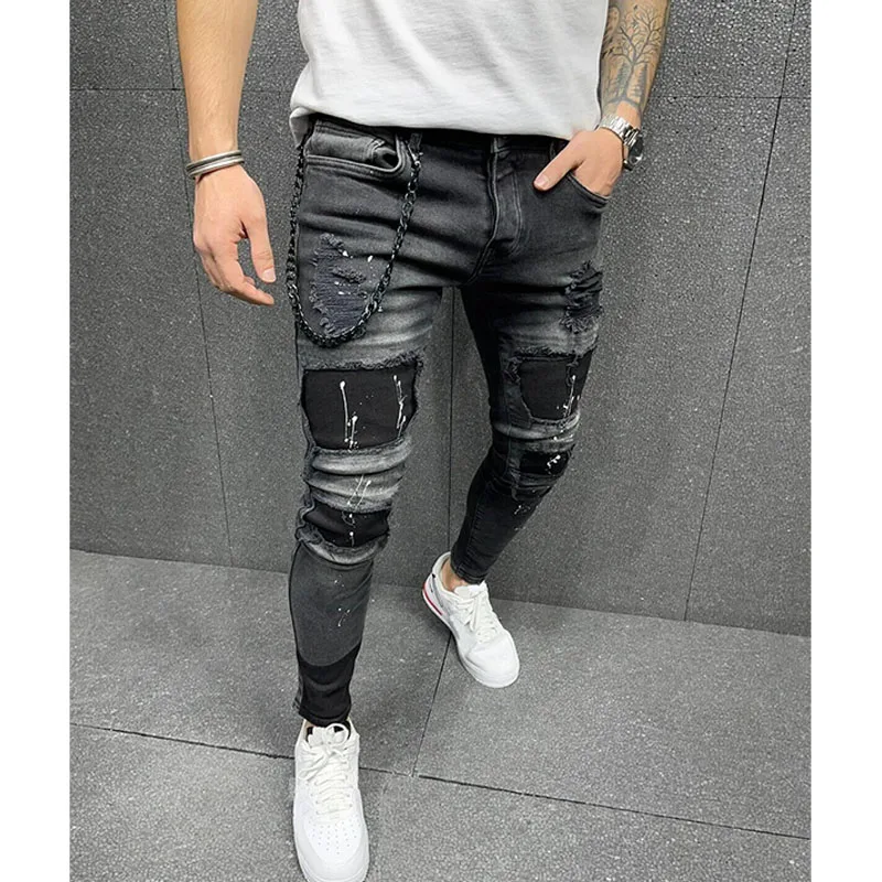 Black Ripped Jeans Men High Street Slim-Fit Pencil Pants  Locomotive Zipper Patchwork Denim Pants Streetwear Jeans For Men