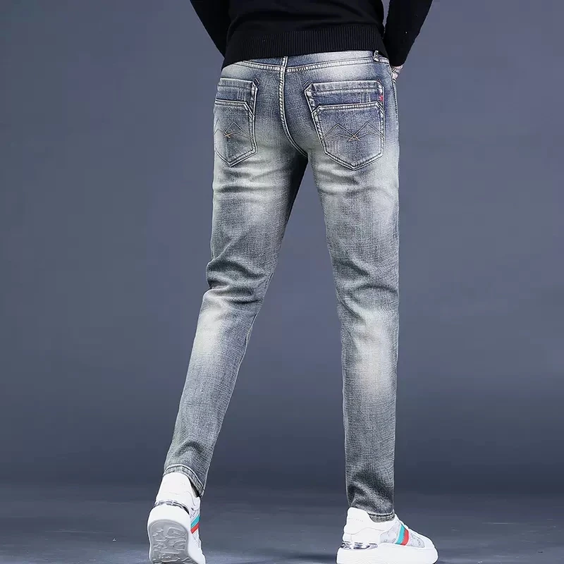 Men's Vintage Light Blue Jeans Autumn Streetwear Slim Fit Straight Pants Casual Cotton Scratched Denim Trousers CP2158