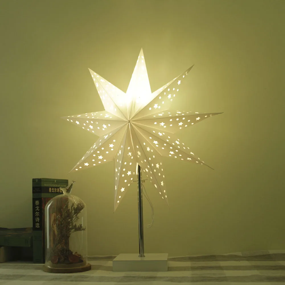 

LED Bedside Lamp Hollow Nine Pointed Star Stand Table Lamp Papery Festive Decorative Lights Simple Assembly for Christmas Party