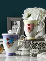 european style ceramic cup bone china home water cup retro palace mug office coffee cup with lid spoon gift