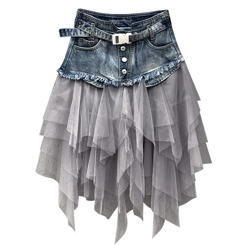 

Summer Y2K Irregular Denim Jeans Skirt Women High Waisted Tulle Skirts Mesh Patchwork Pockets Mid-Calf Tutu High Street Skater