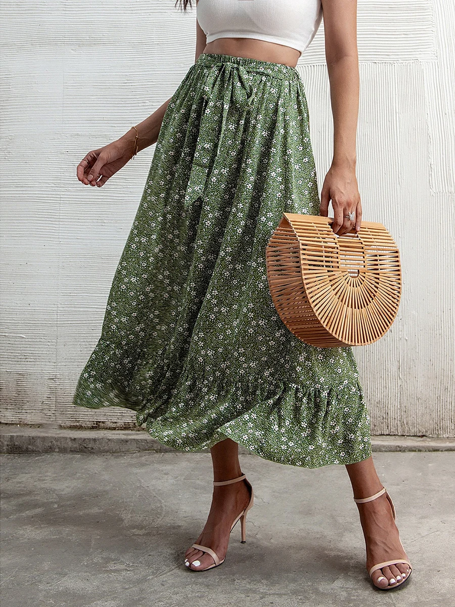 

Ladies Vintage Floral Print Long Summer Skirt Women High Waist Knotted Tied Ruffles Chiffon A Line Split Woman Beach Skirts 2022