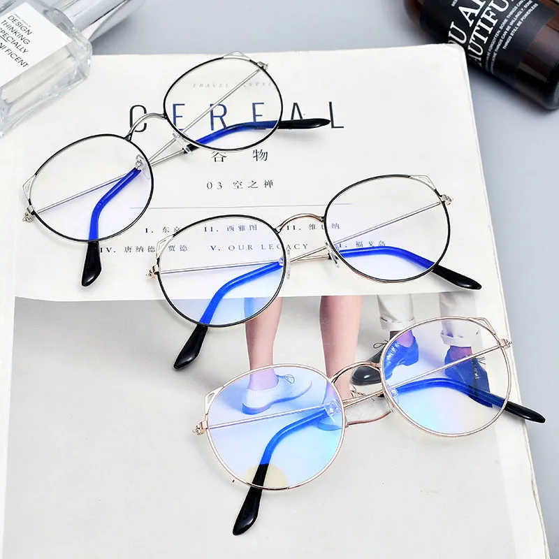 

Оправа для очков при близорукости с кошачьими ушками в стиле ретро металлические круглые очки с защитой от синего света плоская зеркальная ...