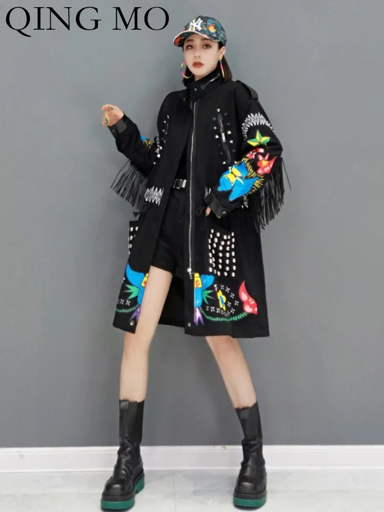 

QING MO 2023 Spring Autumn Fashion Trench Coat Korean Print Loose Large Size Medium Length Jacket Women ZXF823