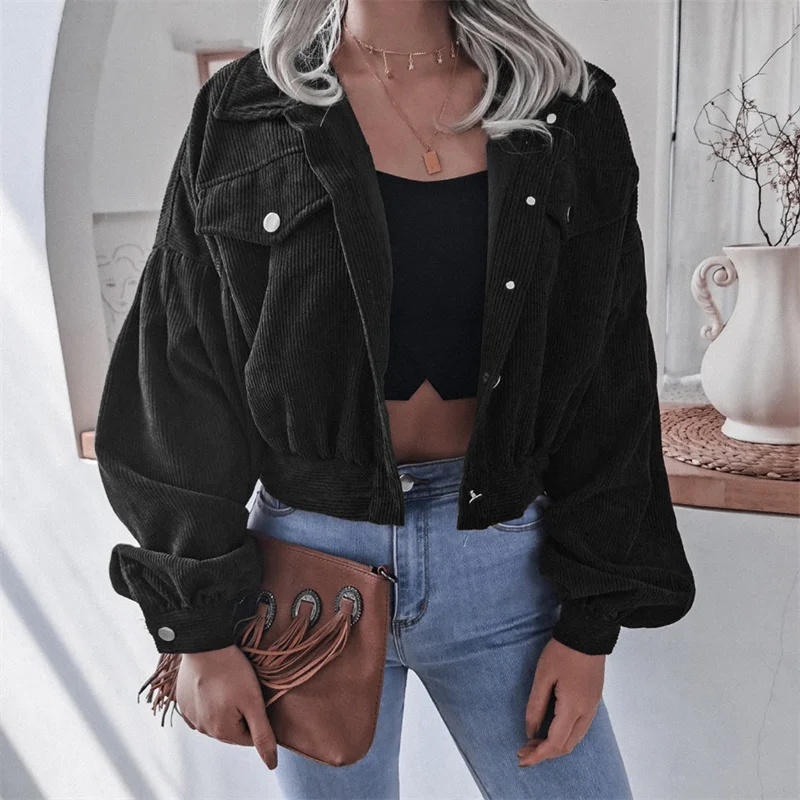 

Autumn Winter Women Lantern Long Sleeve Corduroy Short Jacket For Ladies Solid Color Simple Turn Down Collar Chic Tops