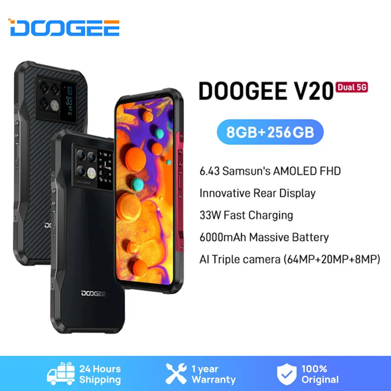 New DOOGEE V20 5G Rugged Phone 6.43FHD AMOLED Display Innovative Rear Display Smartphone 8+256GB 64MP Camera 6000mAh NFC Phone