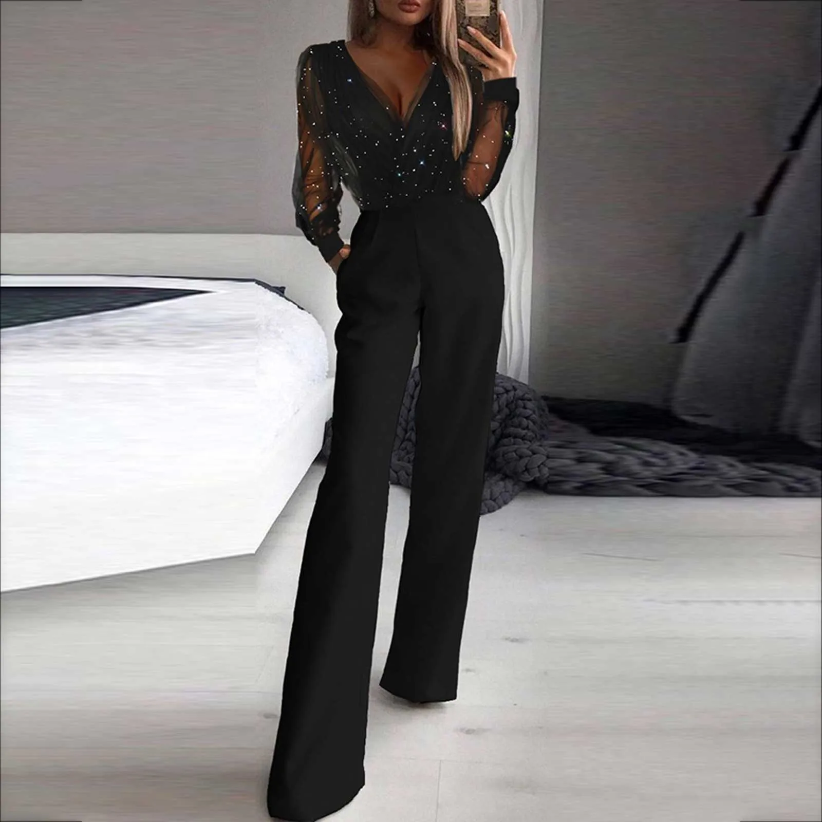 

Women's Rompers Solid V-Neck Mesh Sequins Gold Powder Long Sleeve Jumpsuits Rompers Women Playsuits Summer Office Overalls