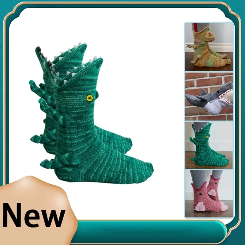 

1 Pair Christmas Gift Shark Fish Chameleon Crocodile Knit Socks Cute Unisex Novelty Winter Warm Floor Sock for Men Women