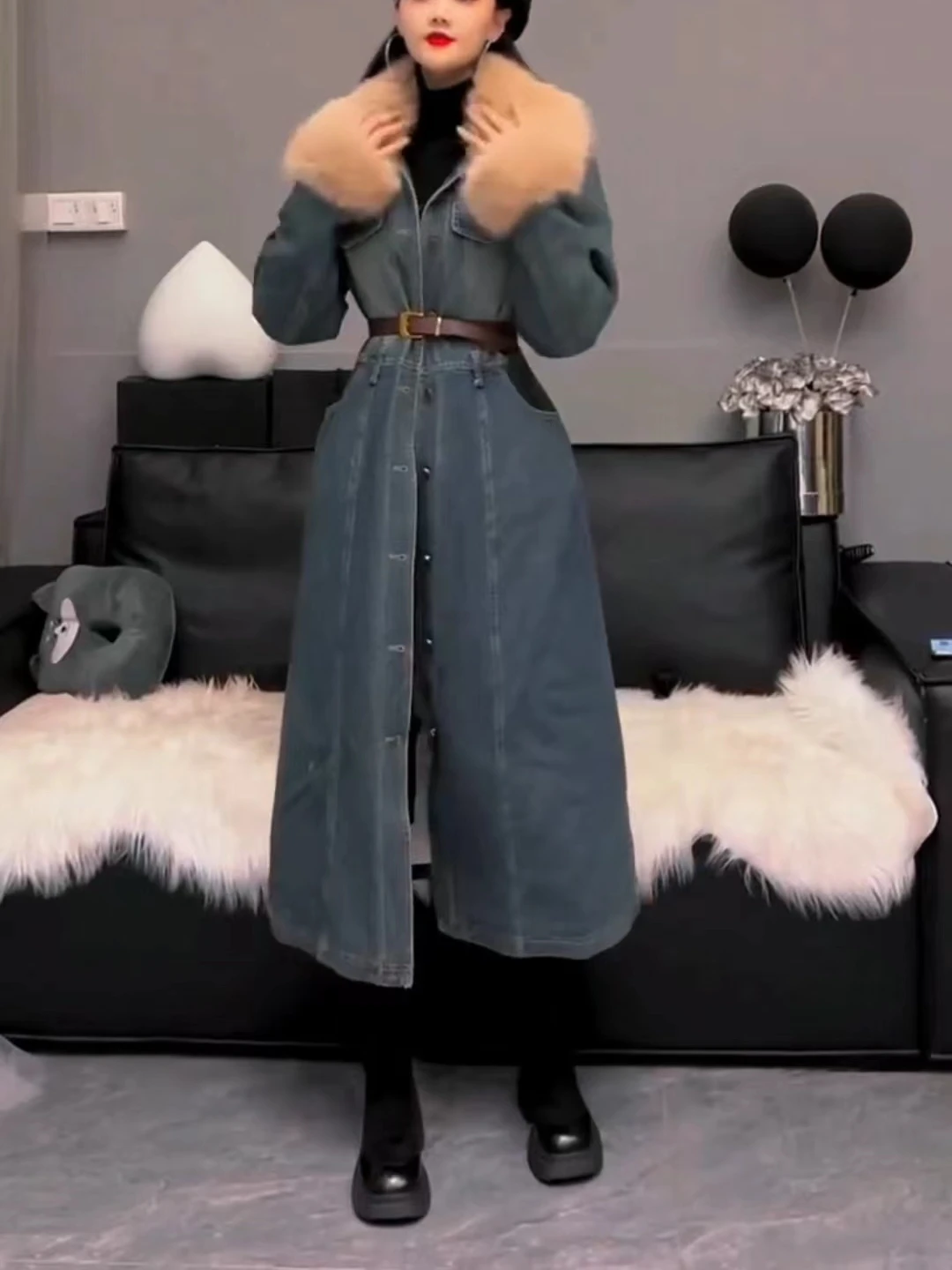 Зимняя мода темпераментный меховой воротник утолщенное джинсовое пальто на