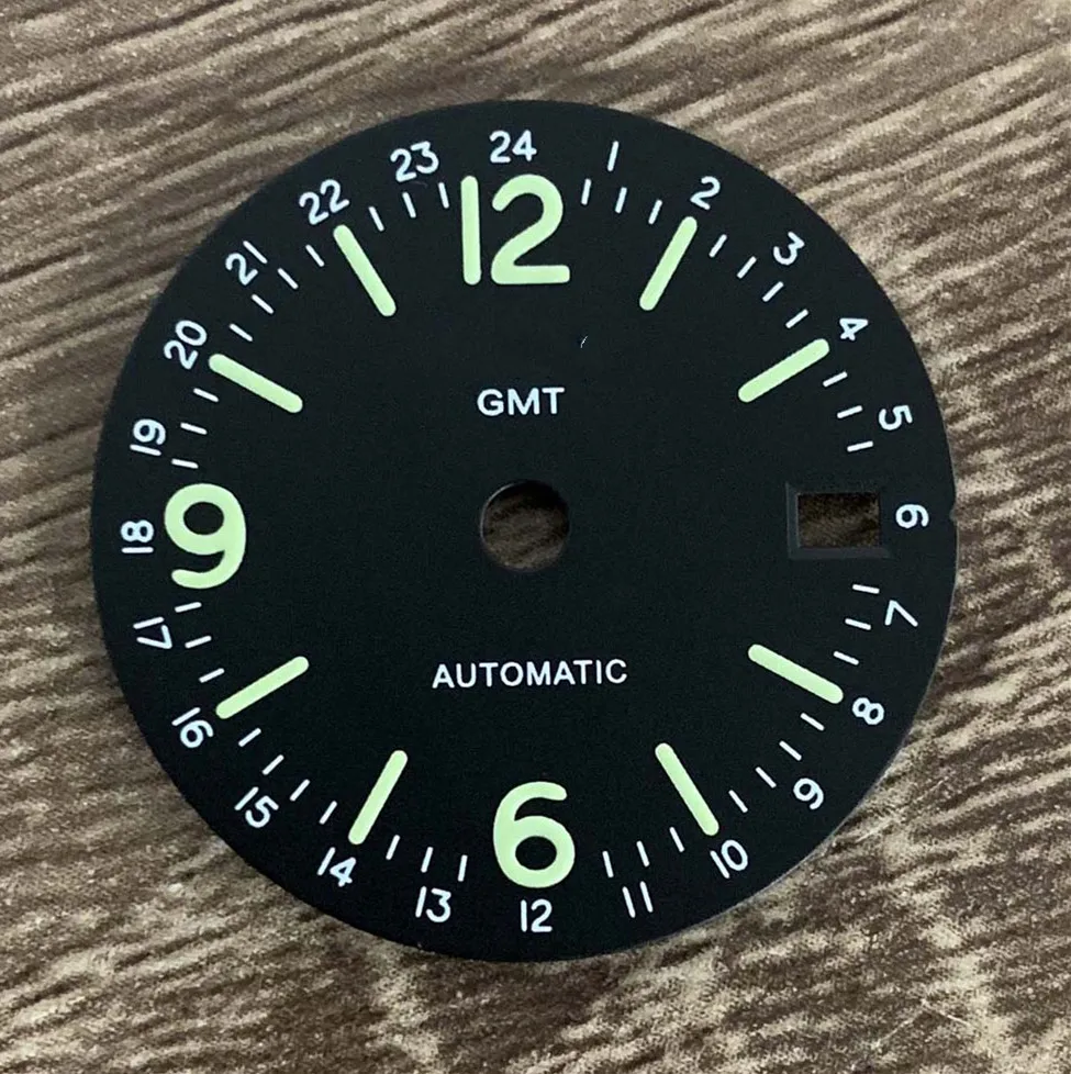 

New modified watch accessories retro black dial 29MM green luminous GMT single calendar dial for Japanese NH34 movement