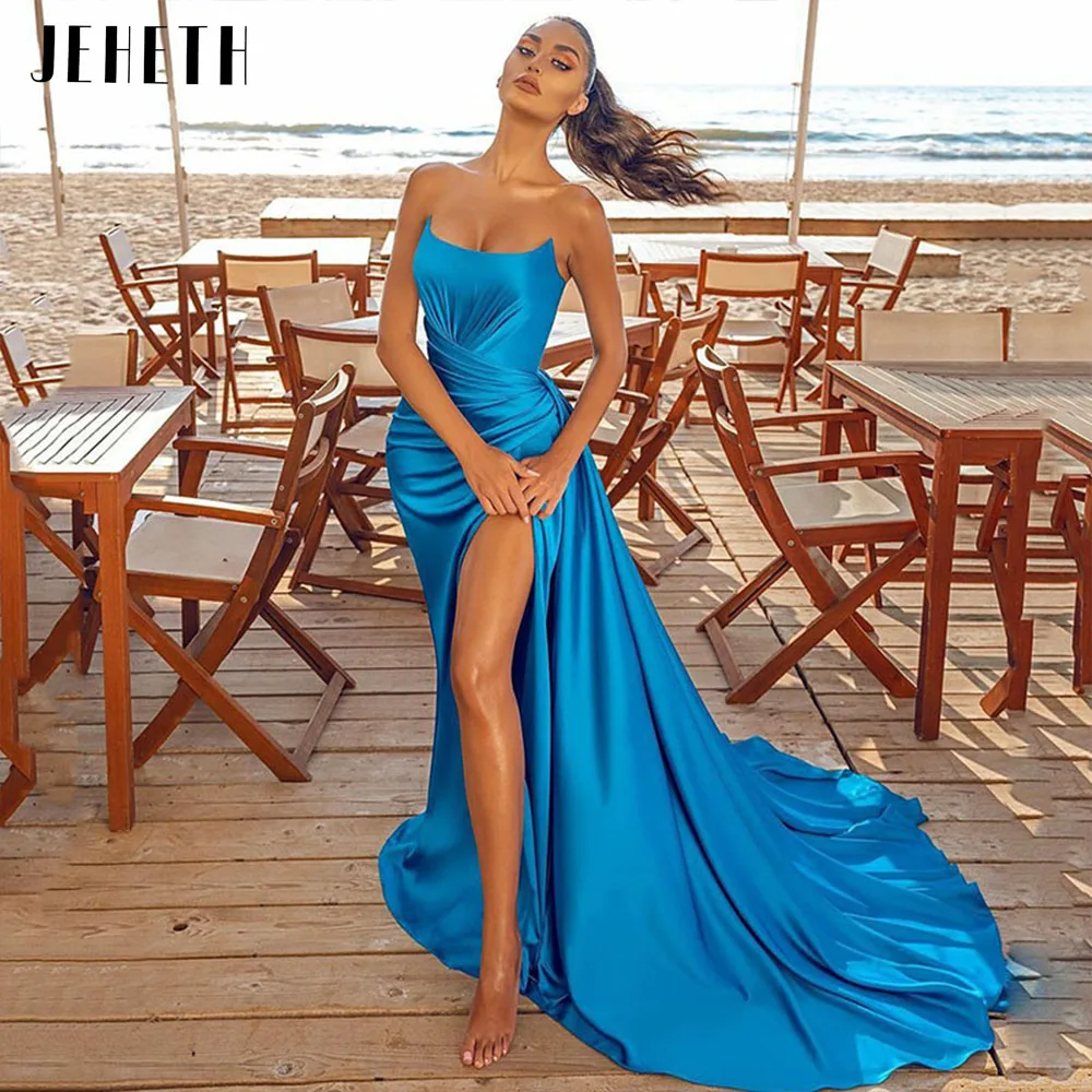 

JEHETH Blue Strapless Mermaid Satin Prom Dress Sexy High Slit Lace-up Backless Party Evening Gowns Sweep Train robes de soirée