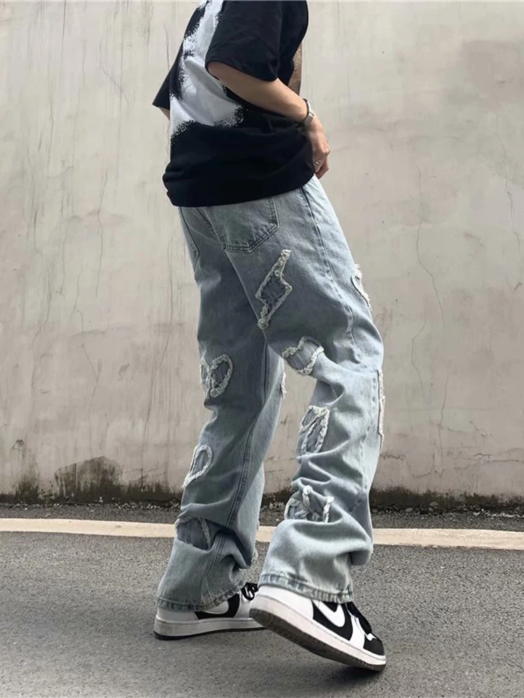 Street Hip -hop Men's Light Blue Y2k Jeans Loose Straight Old -fashioned Leisure Pants Hip -hop Street Clothing Designer Pants