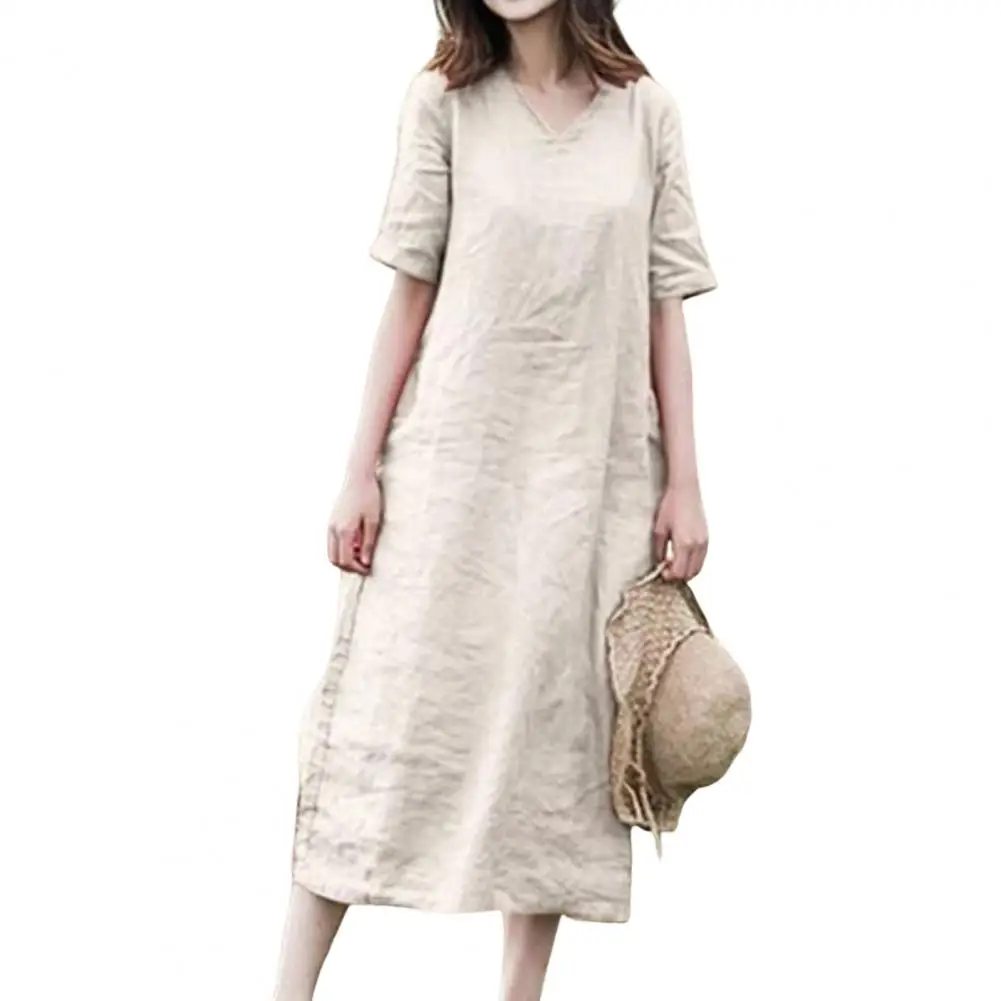 

Summer Midi Dress V-neck Short Sleeve Waist Lace-up Women Dress Solid Color Loose Midi Flax Dress Party Beach Vestido