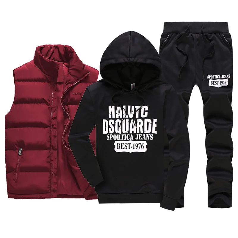 Men's Tracksuits Casual Set 3 Pieces Warm Vest Sweatpants Hoodie Letter Printed Plus Size 5XL Mens Joggers Set Sweat Suits 2022
