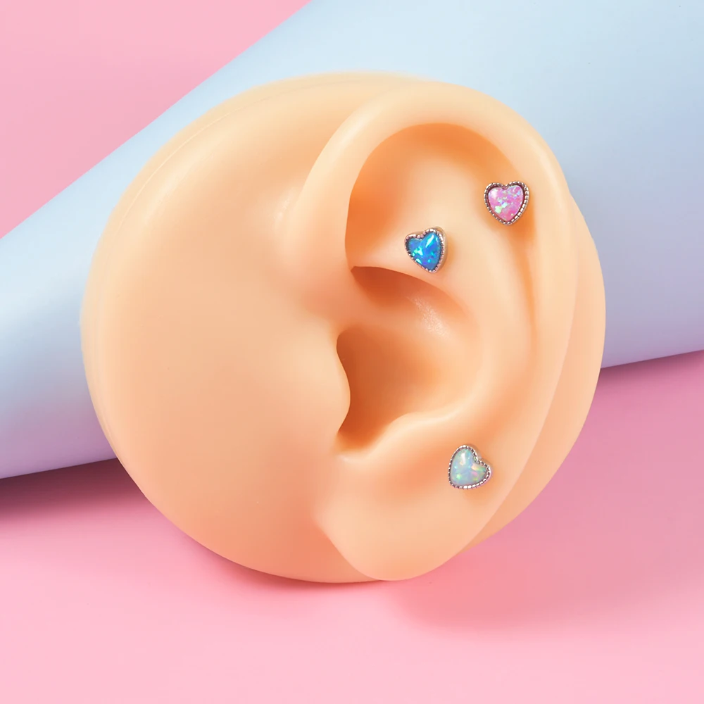 6Pcs Surgical Steel Heart Shape Opal Labret Lip Stud Ear Cartilage Daith Earrings Tragus 16G Helix Lobe Piercing Jewelry Set