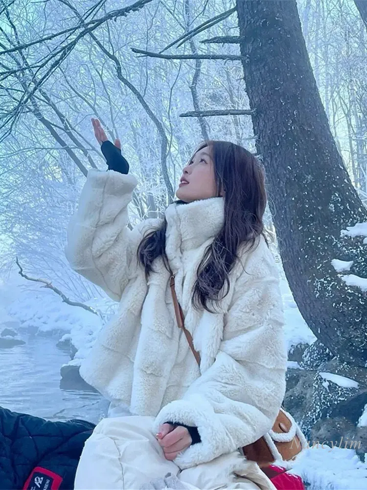 2022 Winter New Mink-like Wool Fur Coat Women's Short Lamb Fur Stand Collar Imitation Rabbit Fur Coats Koean Fashion