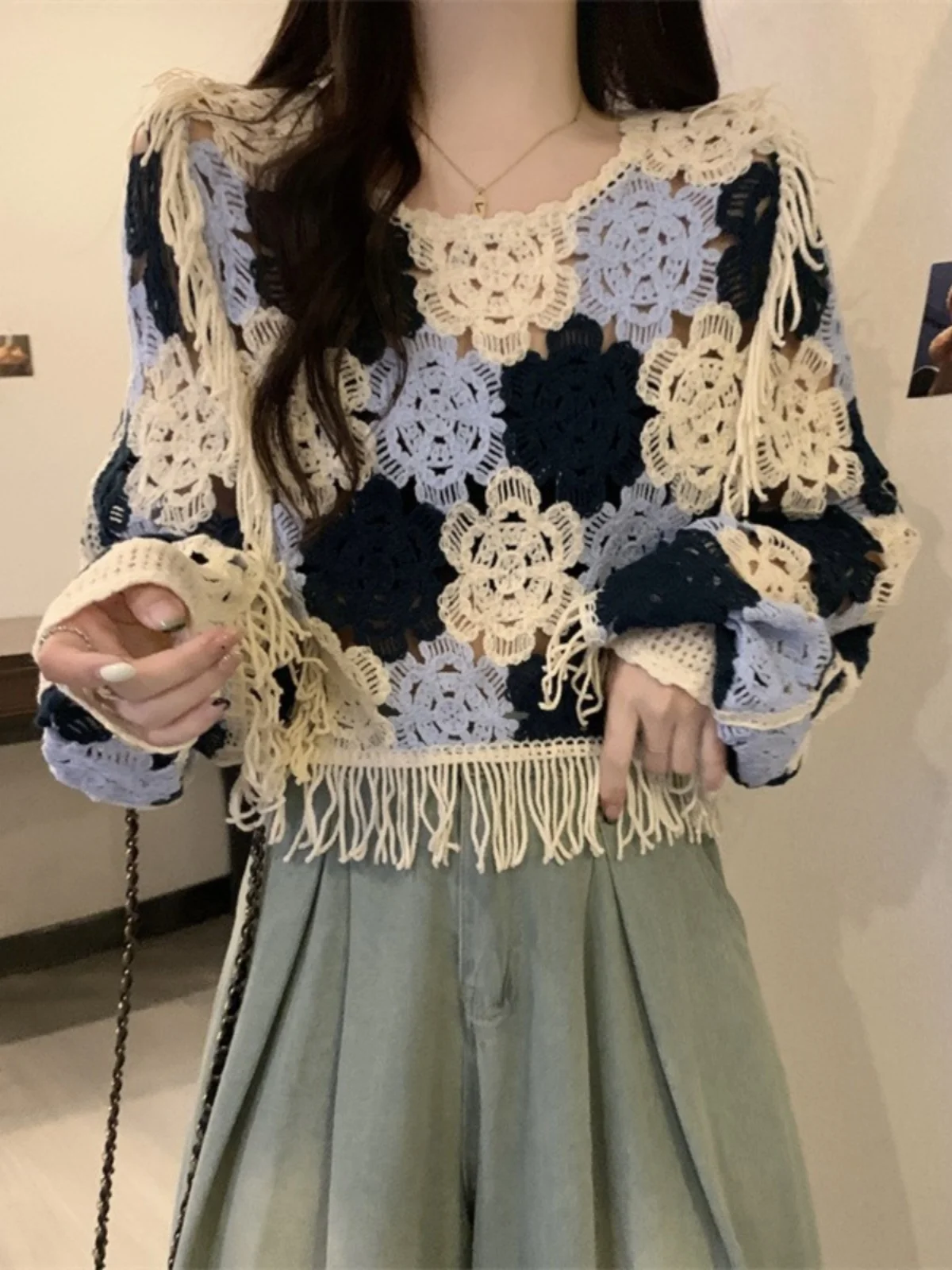 Кружевной вязаный крючком топ с кисточками в стиле пэчворк для женщин на осень и