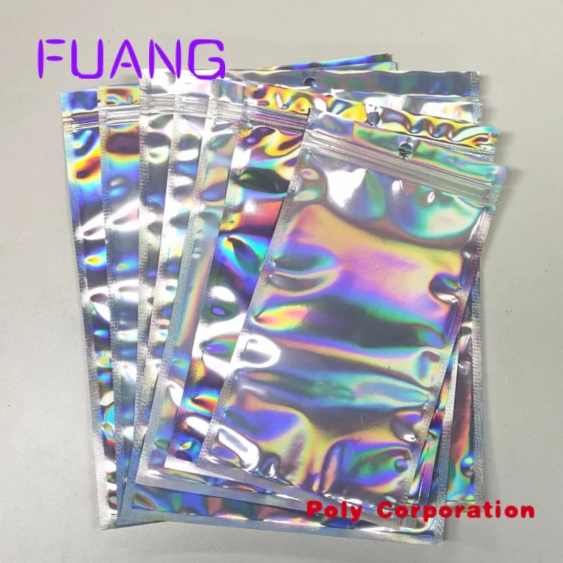 custom resealable transparent cosmetic holographic packaging bag pouch/holographic ziplock bag self adhesive makeup zipper bag