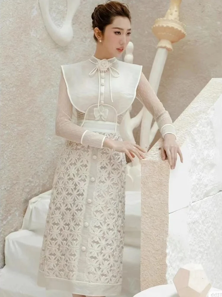 

Элегантное Сетчатое кружевное платье с круглым вырезом и трехмерной цветочной вышивкой, платье с длинными рукавами и вырезами на осень