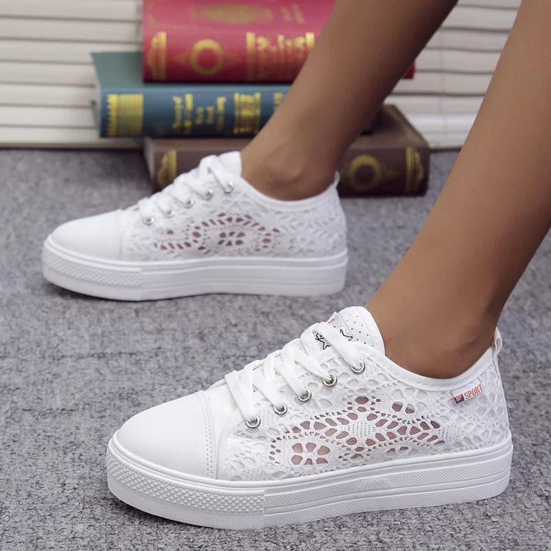 

Women's Shoes 2022 New Summer Casual White Shoes Hollow Lace Canvas Breathable Thick-soled Flat Shoes Women's Sports Shoes