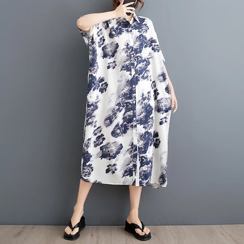 Женское шифоновое платье-рубашка с принтом повседневное свободное в Корейском