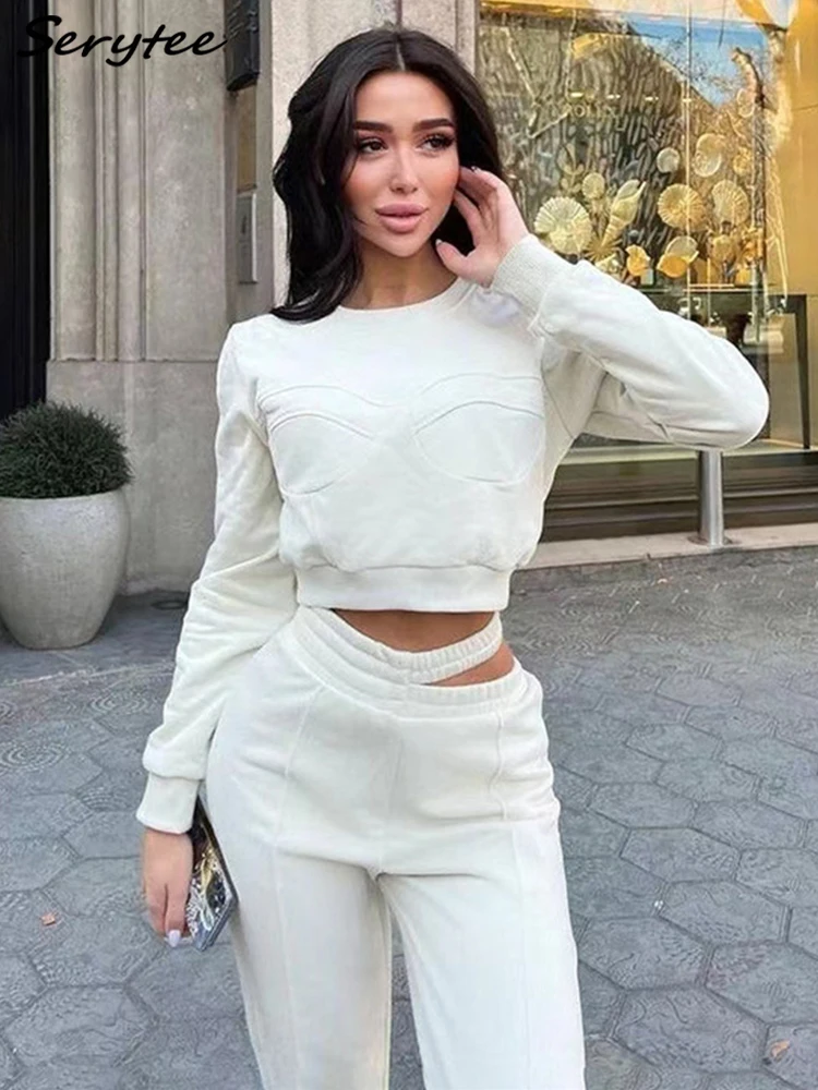 

Serytee Women Loose Casual Sweatshirt Pullover Tops And Cut Out Pants Two Piece Set 2022 Autumn Winter Homwear Outfits Tracksuit