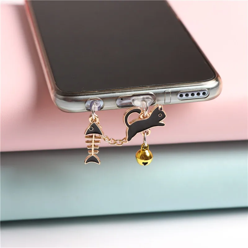 Пылезащитная Заглушка Fishbone Cat Для iPhone Type C Порт Зарядки Милый Аксессуар Телефона