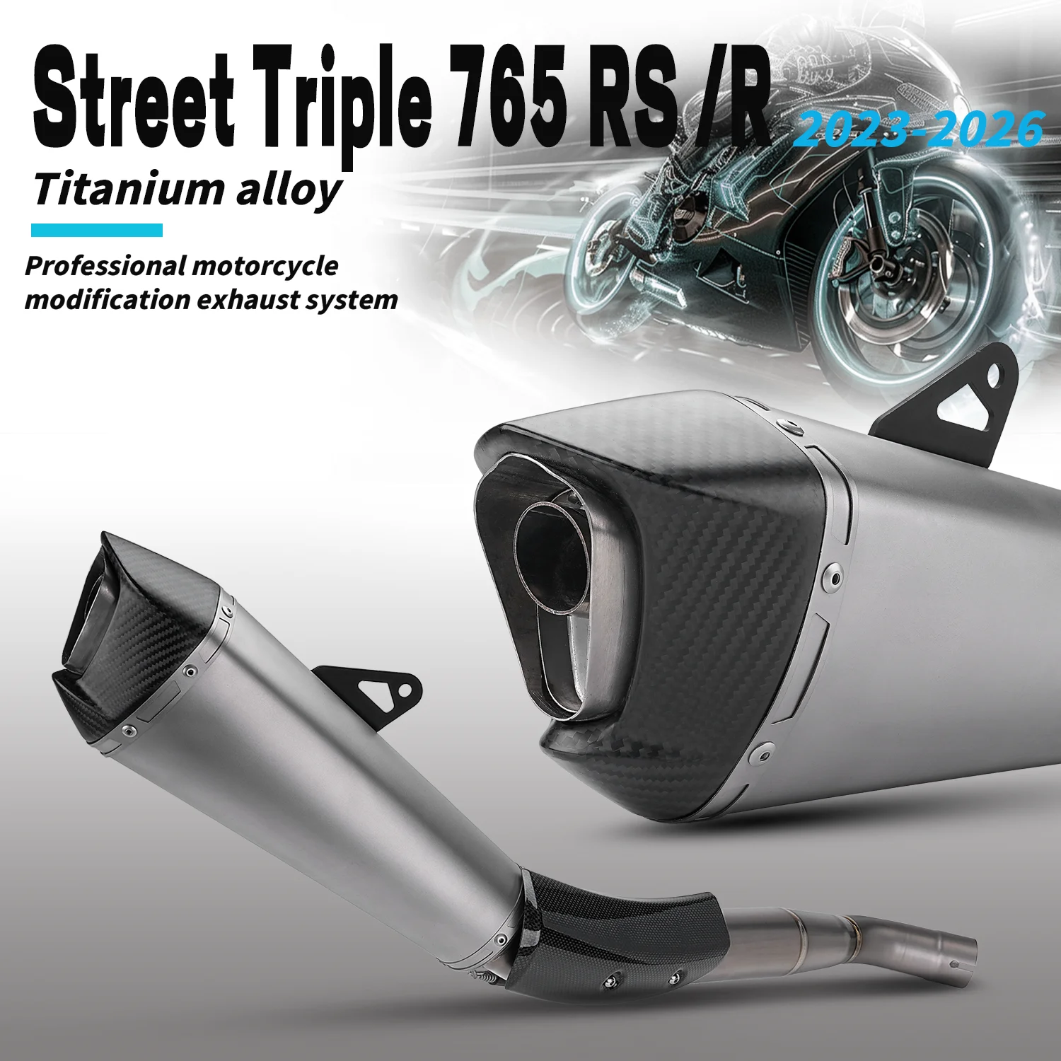 Фото Соединительная труба из титанового сплава для мотоцикла Street Triple 765 RS/R с карбоновым наконечником, для подключения к оригинальному выхлопу. №1