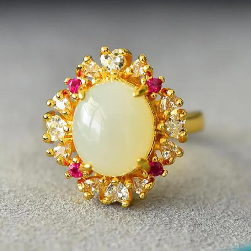 

Natural White Jade Silver Ring Adjustable Women Bands With Colored Zircon Natural Jades Stone Wedding Party Ring Healing Jewelry