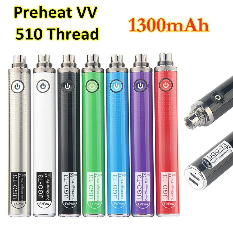 

5pc Ugo-T3 Preheat Battery 1300Mah 510 Thread Vape Pen Variable Voltage Dual Charger Port Ecig for Thick Oil Vapes Cartridges