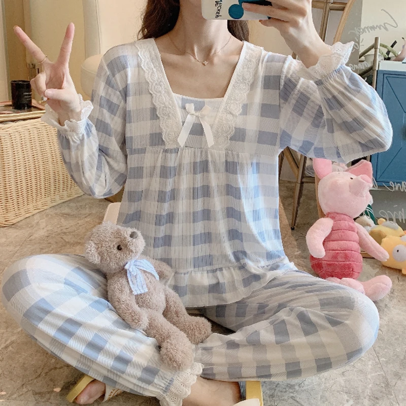 Spring Autumn Pajamas for Women Fashion Geometric Sleepwear Sets Faux Silk Home Clothes