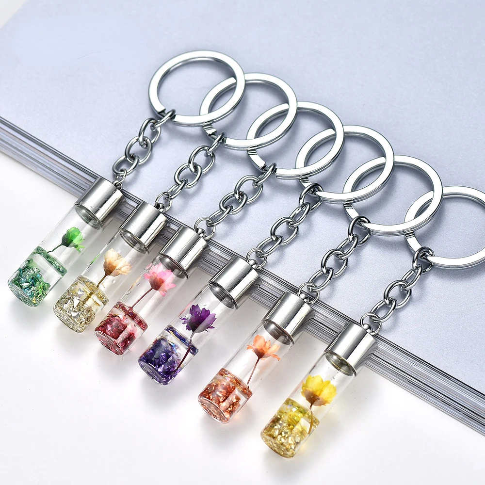 

New Creative Dry Flower Bottle Keychain Eternal Flower Sparkling Key Rings Assorted Color Women Girl Car Bag Lucky Accessories