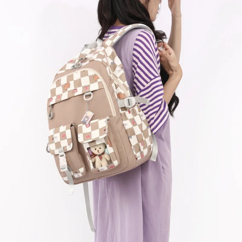 Grade 3-6 Children Cute Fashion Lattice Trolley Backpacks New Girls Sweet Light High-capacity Panelled School Bags Drop Shipping