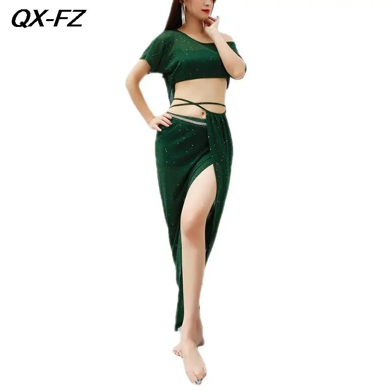 Элегантный женский танцевальный тренировочный костюм топ и юбка с разрезом для