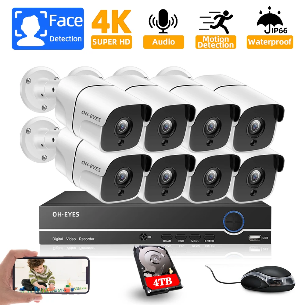 

H.265 AI 48V POE 8CH Human Detection Face Record CCTV NVR Audio IP Camera System 8MP 4K 8 Channel Outdoor IP66 POE IP Kit APP