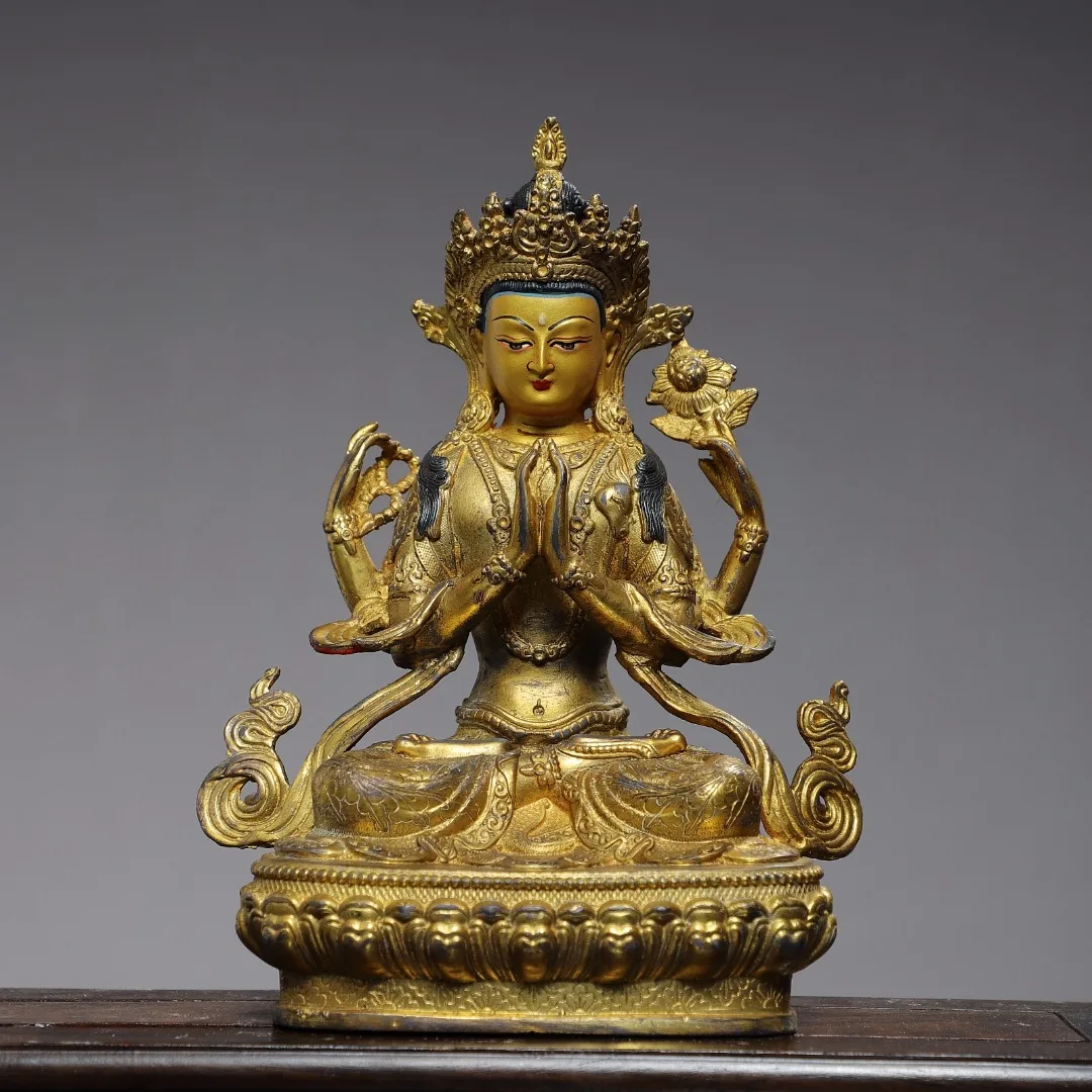 

Статуя непальского Будды 20 см, тантрическая тибетская биография Гуаньинь с четырьмя ручками из чистой меди, точное окрашенное лицо, Гуаньинь