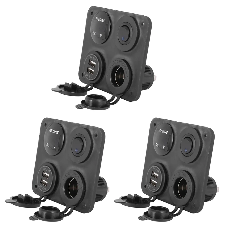 

3X 4 Function Panel Dual USB Charger Green LED Volt 12V Power Outlet ON-OFF Switch