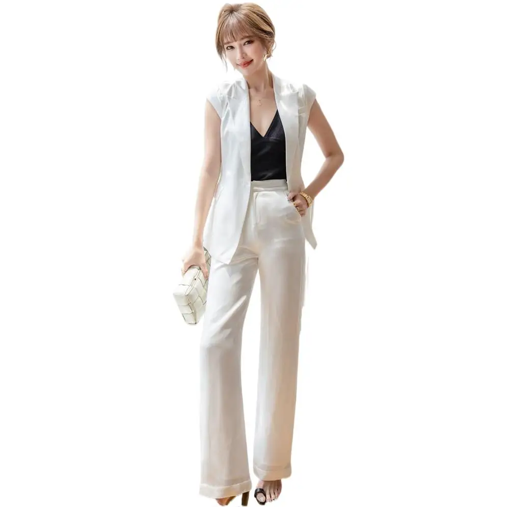 

Women 2 Piece Shiny Silk Belt White Short Sleeves Suits Office Ladies Temperament Commuter Wear High-end Slim Elegant Sets