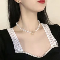 fashion new pearl necklace retro french necklaces for women girl clavicle chain alloy charm geometric pendant jewelry party gift