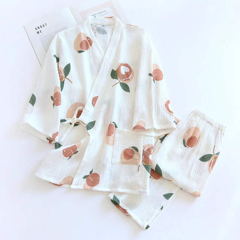 

Cotton Crepe Kimono Pajamas Suit Lady Spring/Autumn Thin Double Gauze Japanese-style Sweat Two Piece Set Frenulum HomeWear Sleep