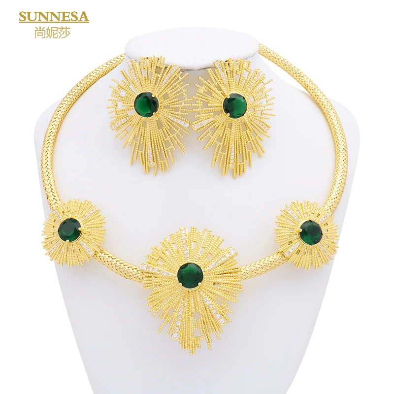 SUNNESA роскошное зеленое циркониевое круглое ожерелье женское позолоченное золото