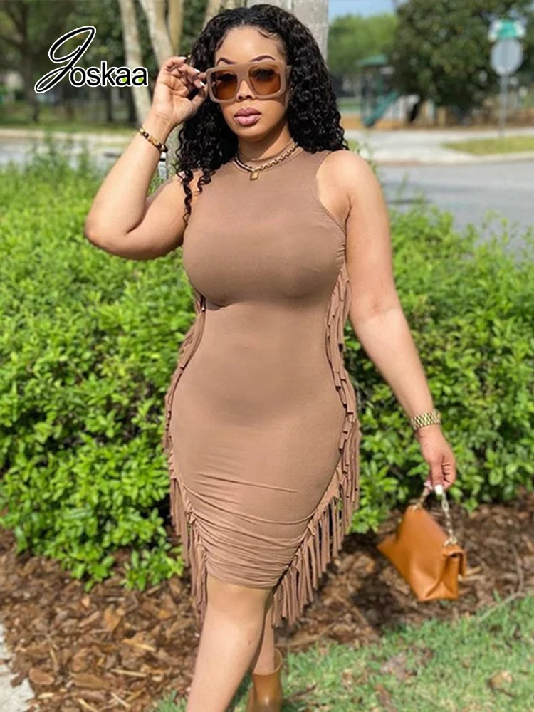 

Joskaa Solid Color Round Neck Sleeveless Side Tassel Bodycon Long Summer Dresses Women 2022 Chic and Elegant Party Clubwear