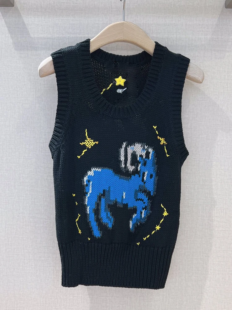

Red RoosaRosee O-neck Collar Sleevelesss Black White Animal Knitted Short Wool Blended Vest Summer Autumn Women Designer 2022