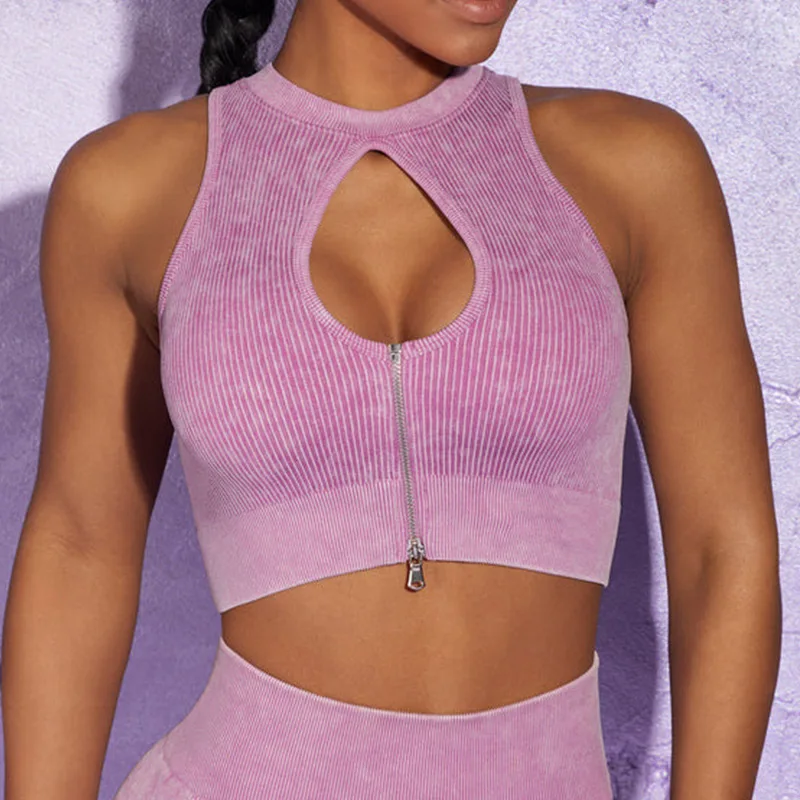 

Bauhinia Front Zipper Sport Bra Women Sexy Hollow Out Crop Top Washed Ribbed Sports Tops Women Casual Sleeveless Fitness Vest